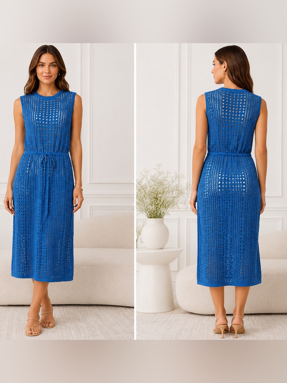Open Knit Crochet Eyelet Midi Dress Ocean Blue Drawstring Waist Boho NWT XL